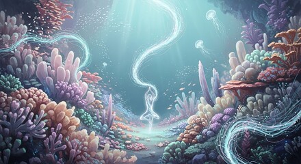 Obraz premium Underwater scene with colorful coral reefs and a glowing figure.