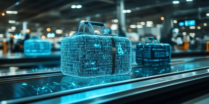 Futuristic Digital Baggage Luggage in Airport Conveyor Belt with Blue Holographic Effect