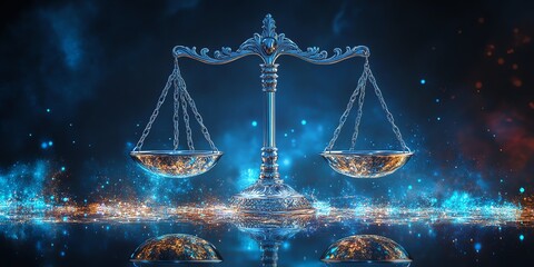 Silver Balance Scale with Glowing Blue Sparks and Reflection in Dark Background