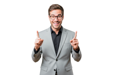 young businessman points up on transparent
