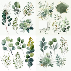 Collection of various botanical elements, such as flowers, leaves and branches, in shades of muted green and gold, presented in a digital illustration style.