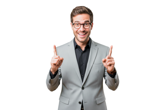 young businessman points up on transparent
