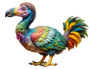 A vibrant dodo with colorful feathers stands against a white background