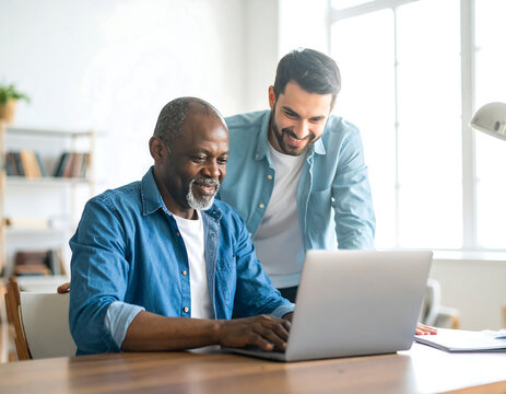 An older man and younger man collaborating while using a laptop computer.