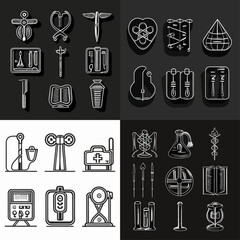 Grid-style arrangement of various, outlined, monochrome medical and scientific icons.  The icons are in a flat, linear design, and appear to be layered on dark and light backgrounds.