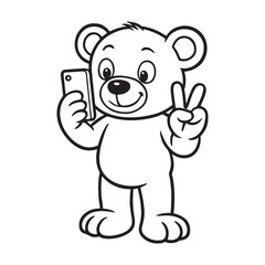 Line art of bear taking a photo with mobile phone and showing 2 fingers cartoon vector