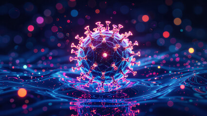 Stunning 3D visualization of a glowing blue and pink virus particle on a dark, abstract, wavy background with bokeh lights creating a sense of scientific discovery and digital health.