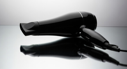 Sleek studio shot of a modern black hairdryer lying on a reflective surface with a grey gradient background