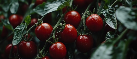 Obraz premium A close-up of ripe, red tomatoes growing on a vine.