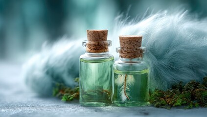 Fototapeta premium Two small glass bottles with light green liquid, cork stoppers, and a feather inside. Teal fur in background