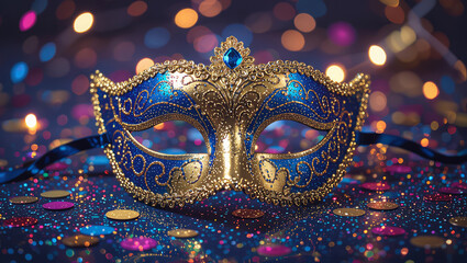 Elegant blue and gold Venetian masquerade mask sparkles with confetti and bokeh lights for festive celebrations and mysterious events