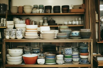 Wooden shelves stocked with various ceramic and glass dishes