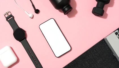 Flat lay of modern technology essentials with a smartphone mockup, smartwatch, and wireless earbuds on a pink background