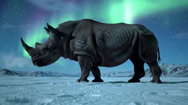 Woolly Rhinoceros (Coelodonta) Snorts Steam Across Frozen Tundra Beneath Aurora-Lit Skies &ndash; Prehistoric Arctic Wildlife

