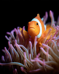 Vibrant Orange Clownfish Peeking Out From an Anemone in a Coral Reef