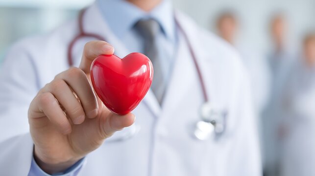 Holding Red Heart Shape Doctor Wearing Coat Medical Team Behind