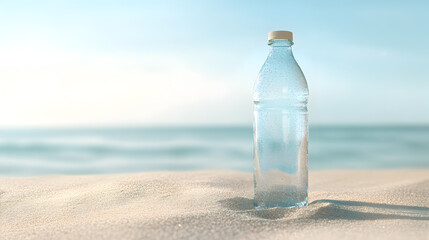 Water Bottle on Beach Sand with Sea in Background
