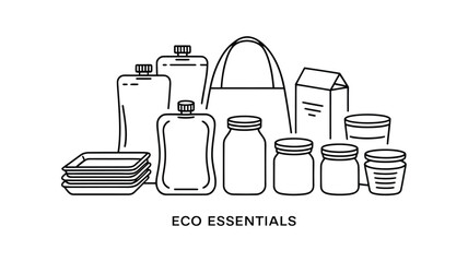 Assortment of black outline eco-friendly packaging and container icons bottle