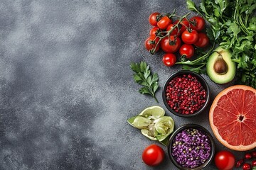 Assorted fresh produce and spices on a dark gray surface