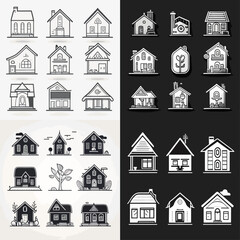 Collection of black and white outline illustrations of various house styles, showing different designs and architectural details.