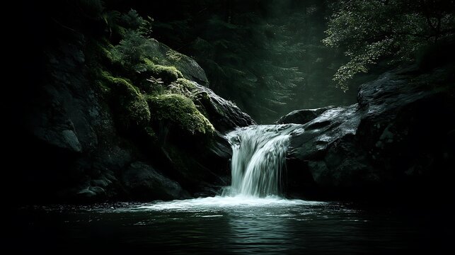 Minimalist composition focusing on a single stream of waterfall against a backdrop of deep green forest, serene and elegant