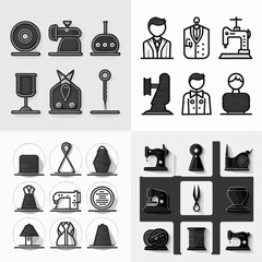 Grid of simple black and white icons representing various sewing and garment-making tools, machines, and figures.