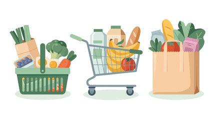 Flat design illustration of grocery shopping basket cart and paper bag food