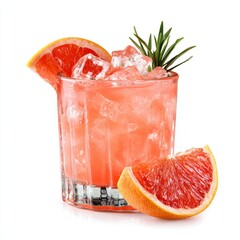 A refreshing grapefruit cocktail with ice and rosemary garnish, perfect for a hot day. This beverage looks incredibly tempting