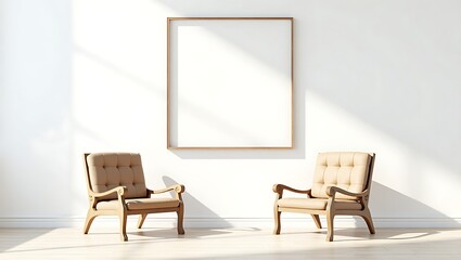 Elegant beige armchairs flank a blank canvas in a sunlit room, perfect for modern decor mockups and lifestyle branding.
