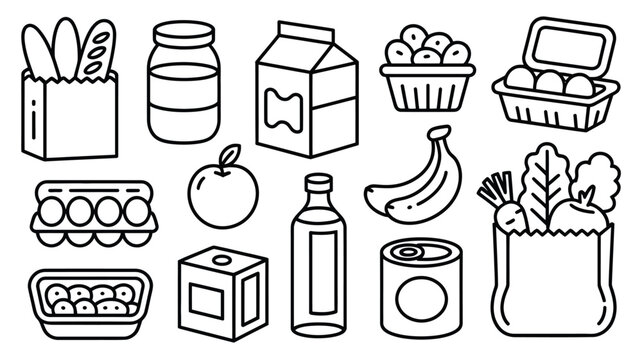 Assortment of grocery items in a simple line art style food shopping
