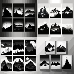 Set of twelve monochrome graphic mountain landscapes in varying styles, showing a collection of minimalist mountain scenes.