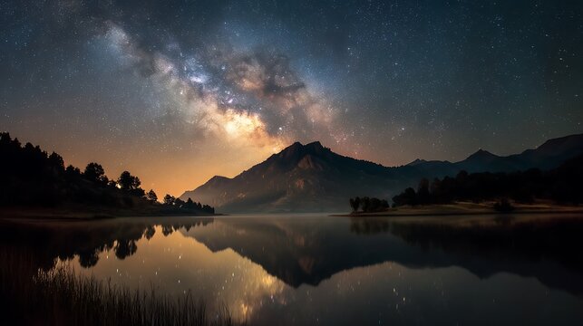 Starry night sky reflected on the lake surface, mountains silhouetted against the Milky Way, magical and serene nocturnal landscape