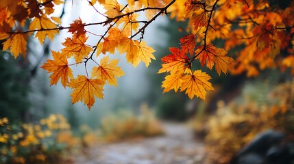 Close-up of maple leaves clinging to branches with autumn colors glowing against a soft-focus background of a forest path