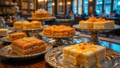 Fototapeta premium Assortment of delicious desserts beautifully arranged on silver platters, ready to be enjoyed.