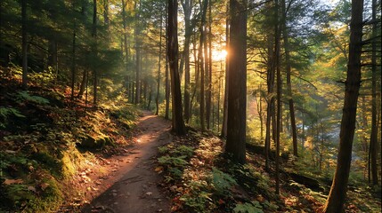Obraz premium Golden hour sunlight illuminating a narrow trail with dense maple foliage, mist lightly drifting, magical autumn forest atmosphere