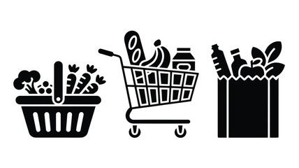 Grocery shopping icons featuring basket cart and paper bag trolley