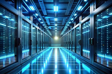 Futuristic server room with glowing blue lights and rows of computer racks, representing data processing and technology infrastructure