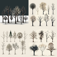Diverse selection of  graphic representations of leafless trees, arranged in a grid, displayed against neutral backgrounds, showcasing varied tones and styles.