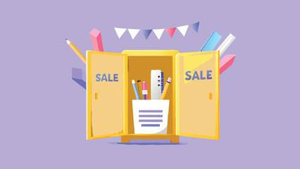 Open yellow cabinet with sale signs and stationery items with banner on a light purple background