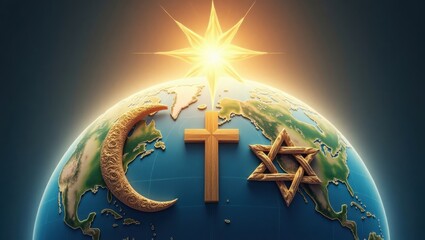 Symbols of Major Religions on a Glowing Earth Under a Star