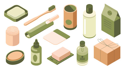 Assortment of natural and organic bathroom essentials in isometric view soap toothbrush