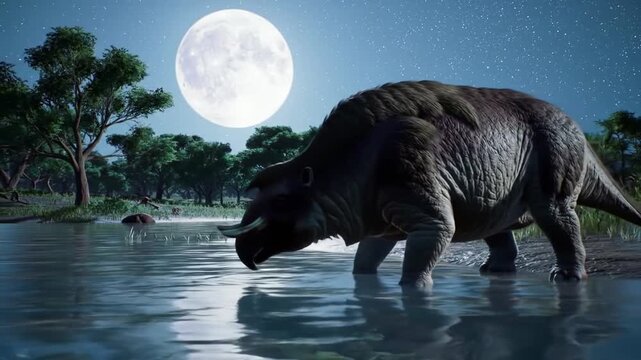 Diprotodon Drinks From Still Lake Under Moonlight in Ice Age Australia &ndash; Prehistoric Mammal With Eucalyptus Trees

