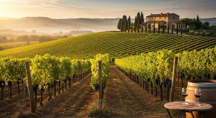 Fototapeta premium Vineyard with rows of grape vines and a building on a hilltop.