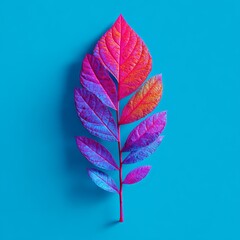 A vibrant artistic leaf with a beautiful blend of colors on a captivating teal backdrop. The leaf displays a spectrum of hues from pink to purple, creating a striking contrast against the background