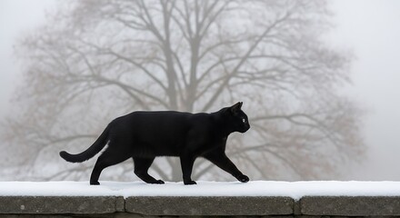 Black cat appreciation day a black cat walks on a snowy wall in winter with a tree in the background