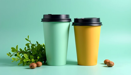 Two tall takeaway coffee cups with greenery and nuts against a mint green background