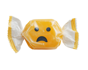 Wrapped candy with sad face