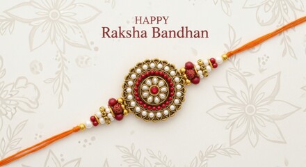 Happy raksha bandhan greeting with an ornate rakhi and floral background, celebrating the brothersister bond