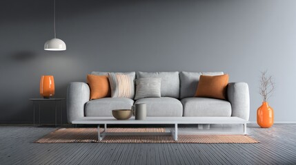 Modern living room with gray walls and a light gray sofa