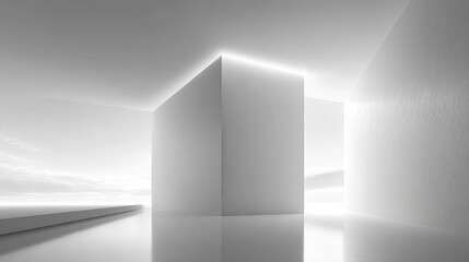 Fototapeta premium Minimalist White Room, Light, Architecture, Design, Interior, Modern, Empty Space, Abstract, Simple, Geometric